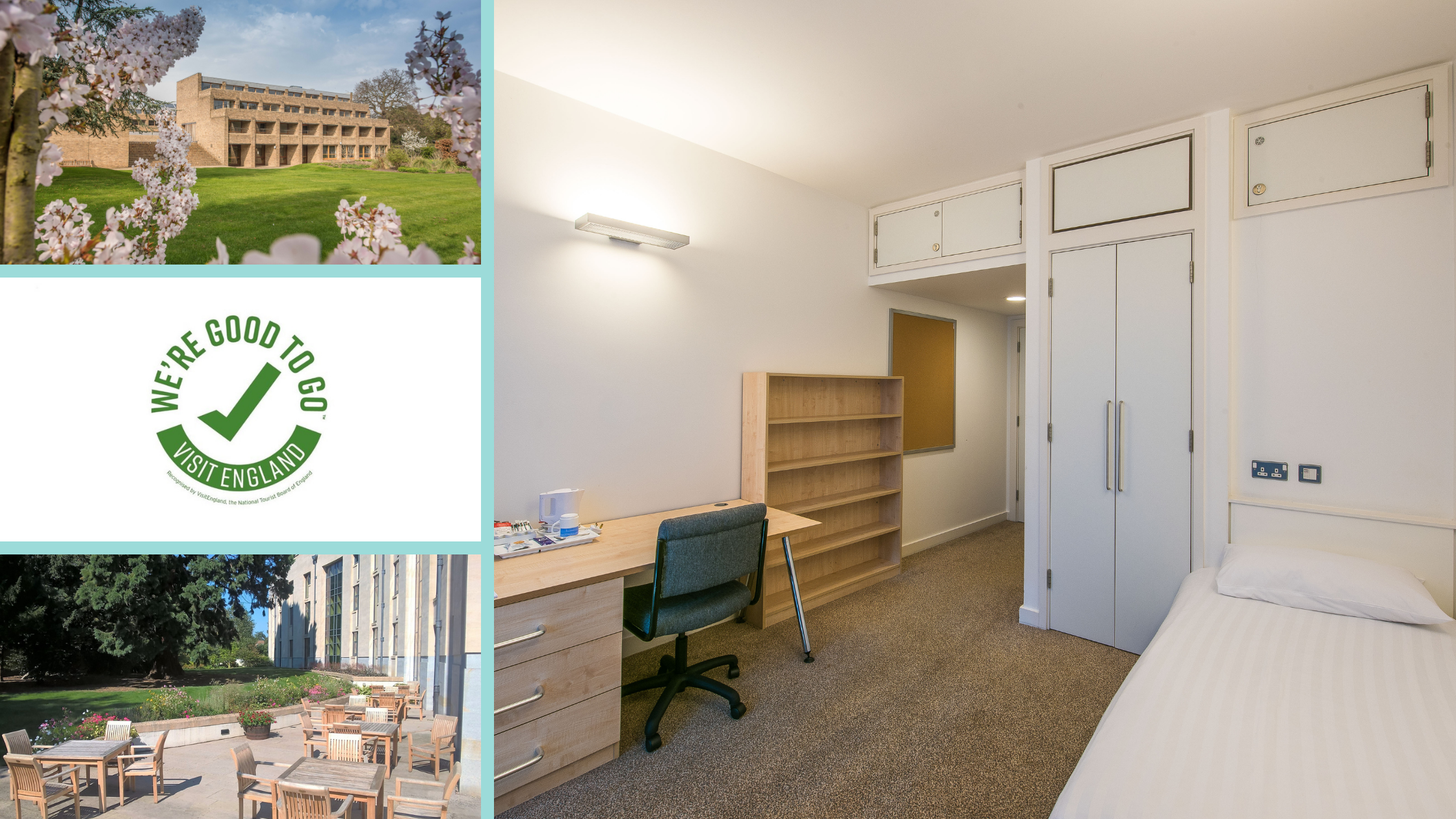 Photo collage of B&B accommodation - Bedroom, external view of Harvey Court, We're Good To Go logo and Stephen Hawking Building patio